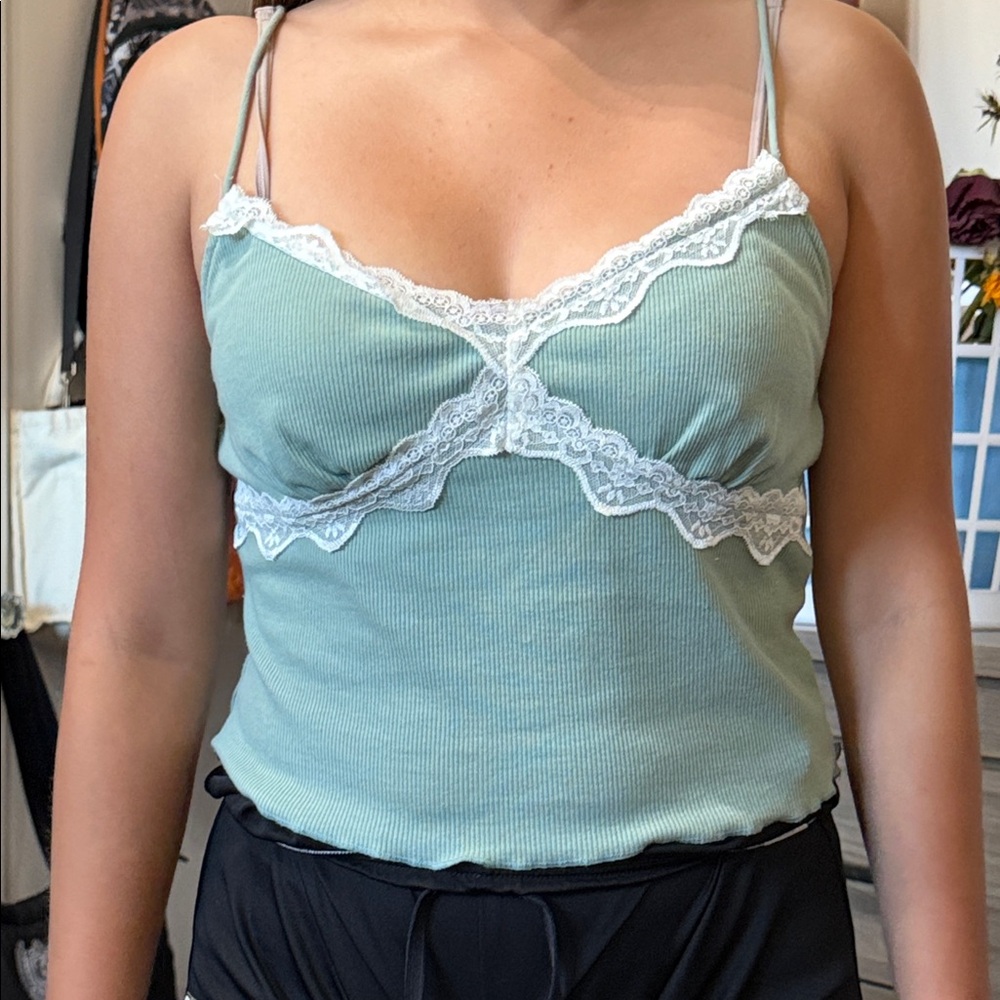 SHEIN Sage Green Ribbed Cami with Lace Trim